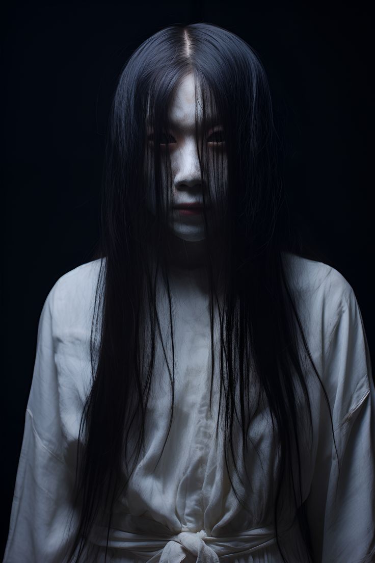 a woman with black hair and white shirt on, in the darkroom looking down at her face