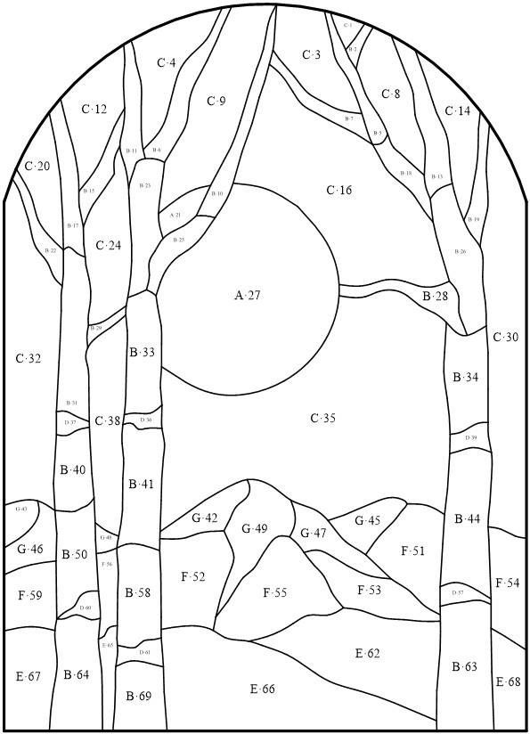 a stained glass window with trees and the sun in it, as well as numbers