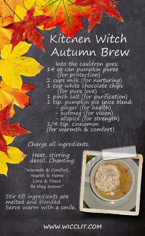 an autumn recipe for the kitchen witch with ingredients list on chalkboard and fall leaves