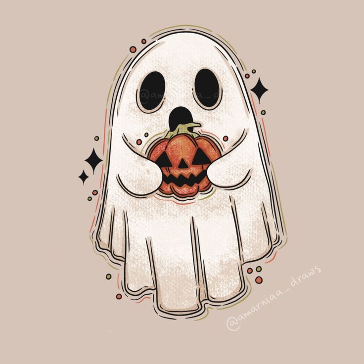 a white ghost with a pumpkin in its mouth and stars around it's neck