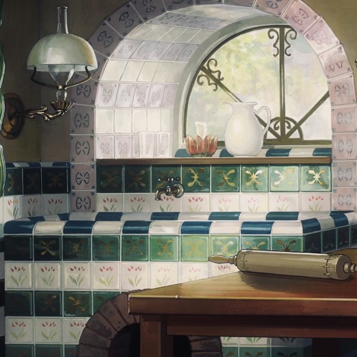 a painting of a kitchen with blue and white tiles on the wall, an old fashioned stove, and a large round window