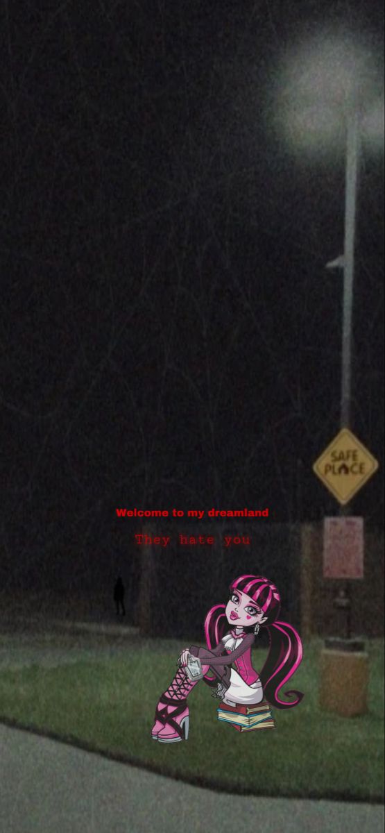 a person standing in the grass at night near a street light with a pink and white cat on it