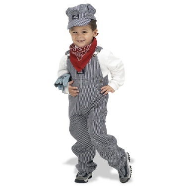 a little boy dressed up as a police officer with a red bandana and grey overalls