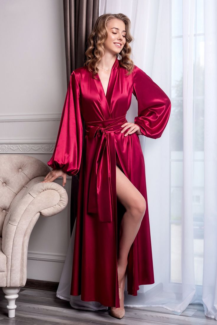 We can adjust the robe length according to your height, please contact us for that. Indulge in the luxurious comfort and elegance of this exquisite kimono robe made of burgundy stretch satin. Its flowing design and graceful drape create a flattering silhouette that enhances your natural beauty.  Whether you're getting ready for a special occasion, lounging at home, or simply seeking a touch of indulgence, this robe is the epitome of effortless luxury. The robe's classic design and rich color opt Wedding Morning Robe, Robe For Bride, Bridesmaid Kimono, Wedding Morning, Gown Plus Size, Long Gown Dress, Bridesmaid Robes, Morning Wedding, Womens Robes