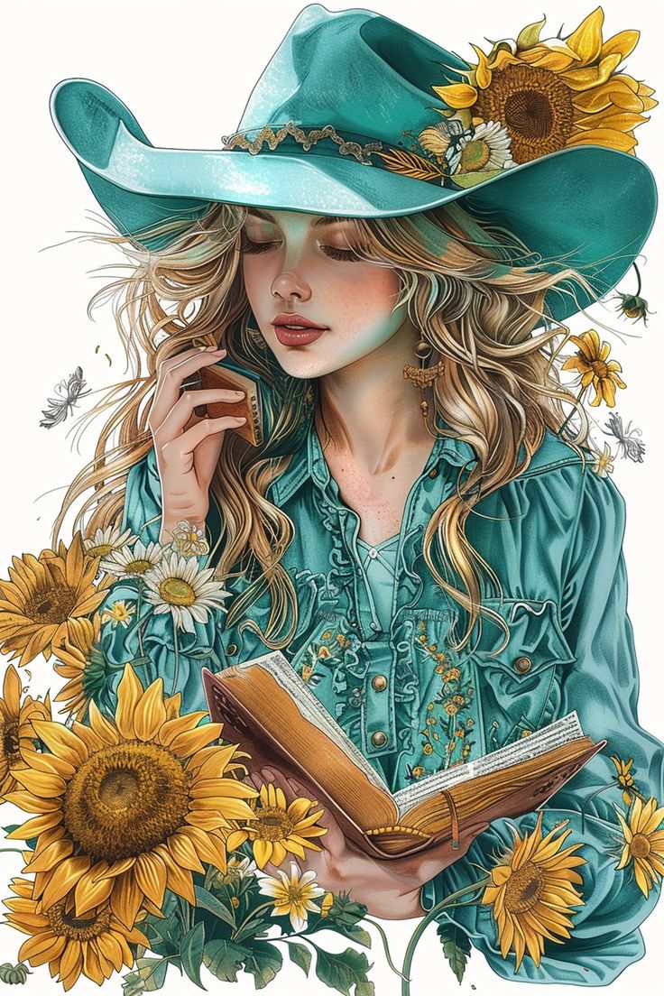 a painting of a woman wearing a green hat and holding a book with sunflowers around her