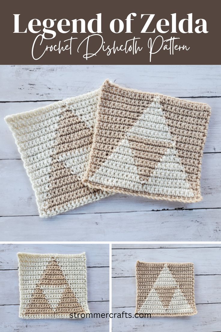 the legend of zelda crochet dishcloth pattern is shown in three different pictures