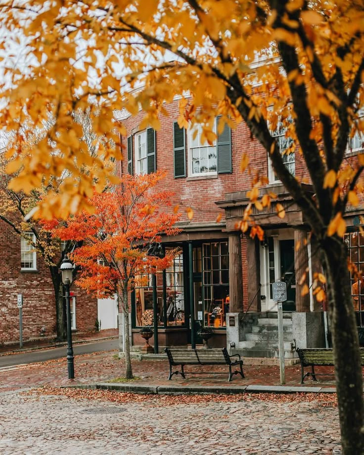 an old brick building with autumn leaves on the ground and trees in front of it