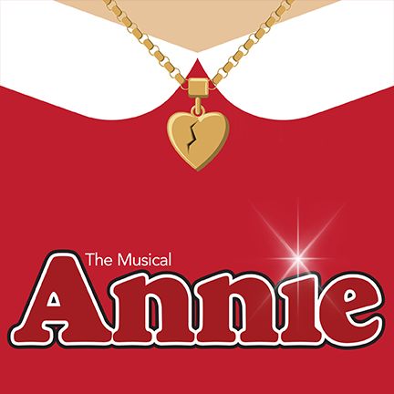 the musical annie poster with necklace and heart on it's chest, against a red background