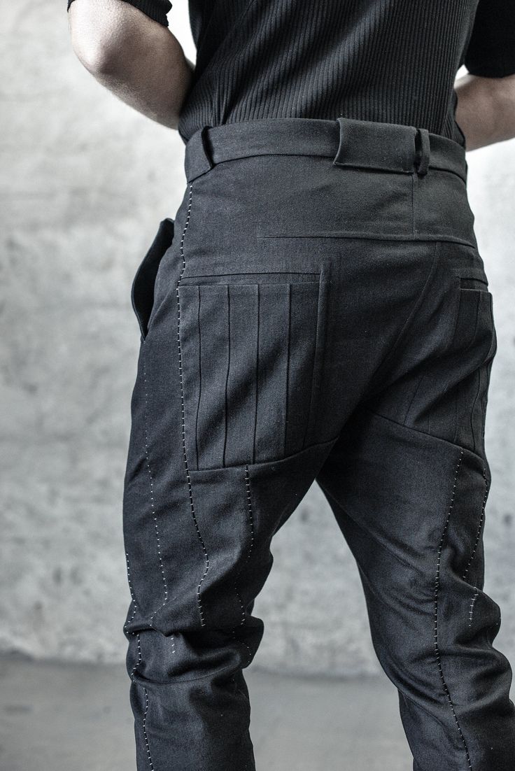 "J LEG BLACK WASHED DENIM SCAR STITCH TROUSER __2 FRONT 3D POCKETS __2 REAR POCKETS __J SHAPED LEGS __CONTRAST SCAR STITCHES __ASYMMETRICAL BUTTON CLOSURE __RAW HEM model__ chest 103 (40.5\"), waist 77 (30.3\"), hips 96 (37.8\"), biceps 35 (13.8''), height 180 (5'11\"), kg 74 (163 lbs) model wears size S | color: black washed denim fabric__ 98 cotton, 02 elastane care__ delicate wash at 30o do not tumble dry use cool iron sizing__ size XS (IT 44, US 34, JP 1) shorts waist measurements 80 cm / 31 Low Crotch Pants, Wrangler Pants, Funky Fashion, Wool Pants, Washed Denim, Cotton Pants, Mens Trousers, Black Wool, Denim Fabric