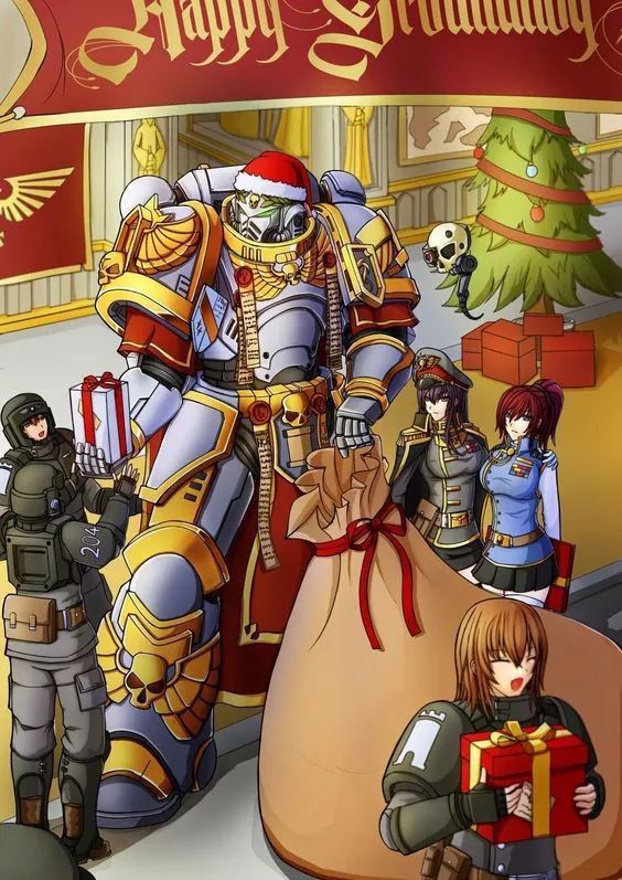 an animated image of a group of people standing in front of a giant robot holding a present