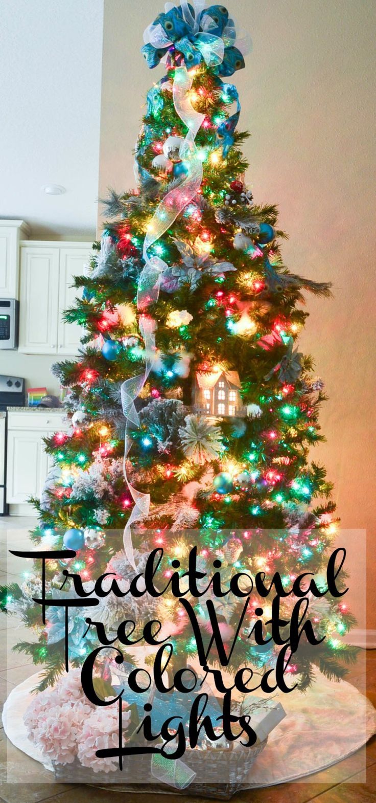 a christmas tree with lights in the middle and words reading traditional tree with colored lights