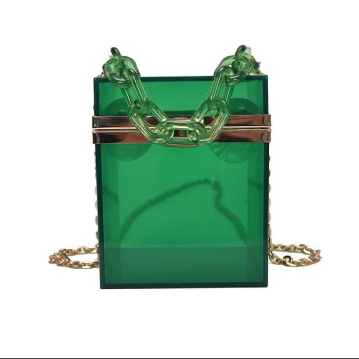 Women’s Handbag/Tote Acrylic Cube Emerald Can Be Worn Crossbody As Well As A Tote 4 X 4 X 6 (Dimensions) Detachable Shoulder Strap Hangs At 24in Green Rectangular Evening Bag With Chain Strap, Green Square Party Bag, Green Square Party Bags, Trendy Green Box Bag For Party, Trendy Rectangular Bag With Clear Strap, Green Rectangular Box Bag For Party, Chic Clear Shoulder Bag, Green Square Bag With Chain Strap, Chic Shoulder Bag With Clear Strap