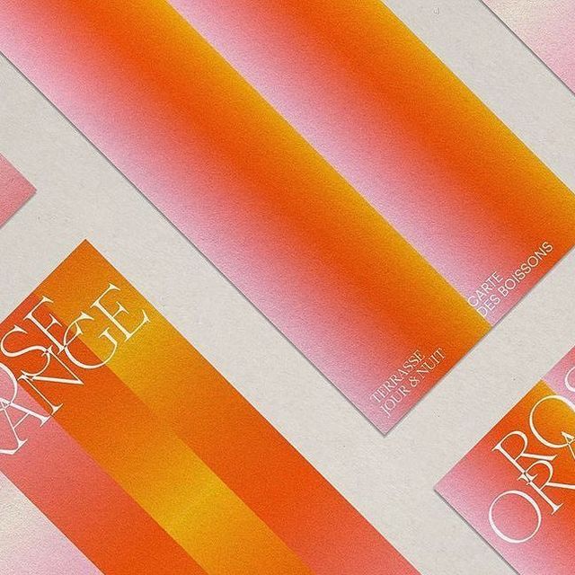 three orange and pink business cards on top of each other with the same color scheme