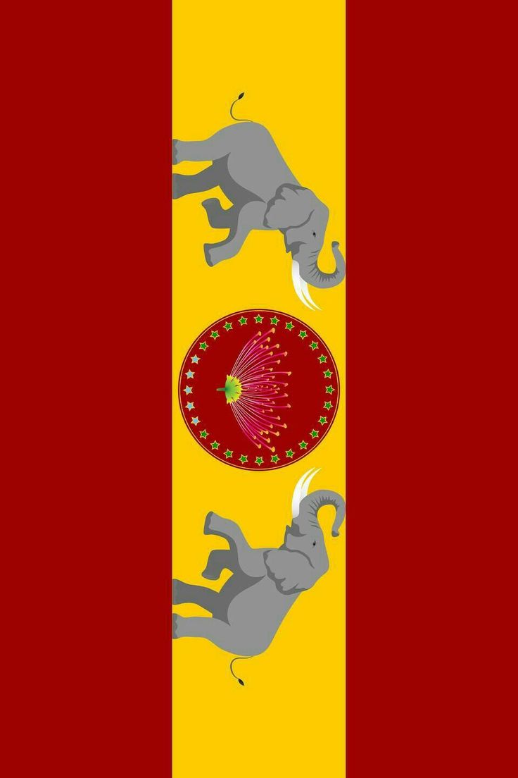 two elephants are depicted on the side of a red and yellow striped banner with an elephant symbol