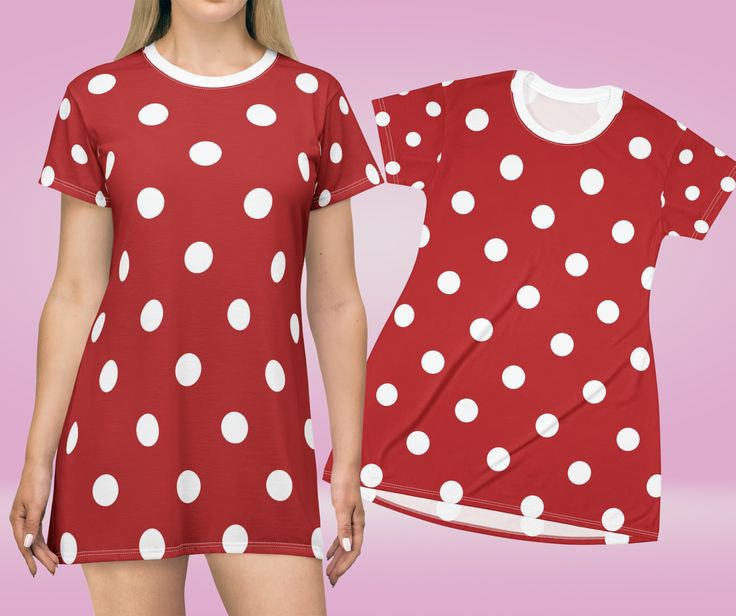 T-shirt dresses for women teenage girls, t shirt dress pattern casual cute, t shirt dress sewing pattern women's party festivities summer, t shirt dress with print summer beach spring teenage girl, t shirt dress women fun casual spring summer beach party, T-shirt dress casual outfit for women and girls. Retro red t-shirt dress with polka dots, red mini dress with kawaii polka dots, Retro Groovy Womens T-Shirt Dress, retro kawaii t shirt dress. 🔥About us This all-over print t-shirt dress is tag-free, custom cut and sewn to match every style. The fun prints will make this t-shirt dress a great piece. .: 100% polyester .: White thread color .: Lightweight fabric (6.0 oz/yd² (170 g/m .: Without label .: Runs true to size. .: Assembled in the USA from parts sourced around the world. 👉Key feat Cotton Dresses With Graphic Print In Cute Style, Cute Summer Dresses With Graphic Print, Casual Polka Dot Short Sleeve Dress, Casual Cotton Dresses With All Over Print, Red Crew Neck Dress For Summer, Polka Dot Mini Dress With Short Sleeves, Cute Cotton Mini Dress With Short Sleeves, Cute Cotton Dress With Crew Neck, Casual Polka Dot Mini Dress With Short Sleeves