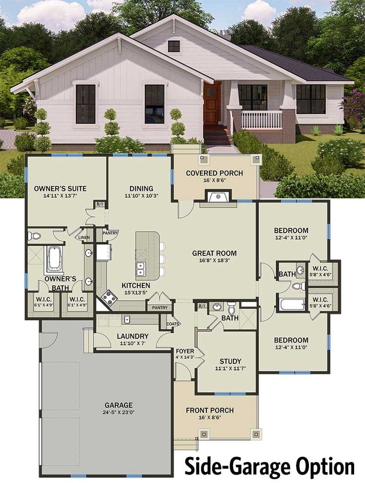 the floor plan for a house with two garages and an open living area in it