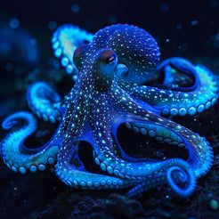 an octopus is glowing in the dark blue light with its head turned to look like it's floating on water