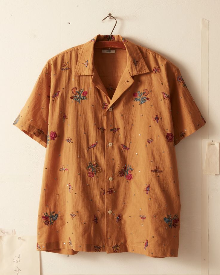 Micro Bird Short Sleeve Shirt – BODE New York Traditional Cotton Shirt With Intricate Embroidery, Traditional Summer Shirt With Camp Collar, Embroidered Summer Festive Shirt, Summer Festive Embroidered Shirt, Festive Cotton Short Sleeve Shirt, Festive Short Sleeve Cotton Shirt, Embroidered Traditional Fit Summer Tops, Embroidered Traditional Fit Top For Summer, Embroidered Summer Tops In Traditional Fit