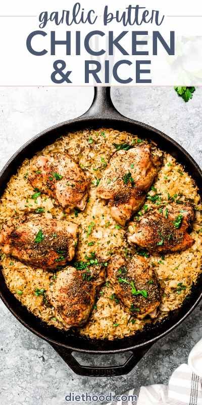 garlic butter chicken and rice in a cast iron skillet with the title above it