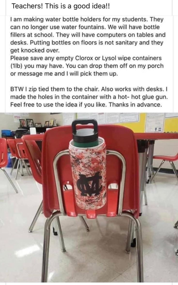 a red chair with a black and white water bottle on it