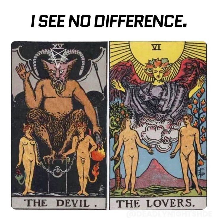 two taroti cards with the devil and demon on them, one has an image of