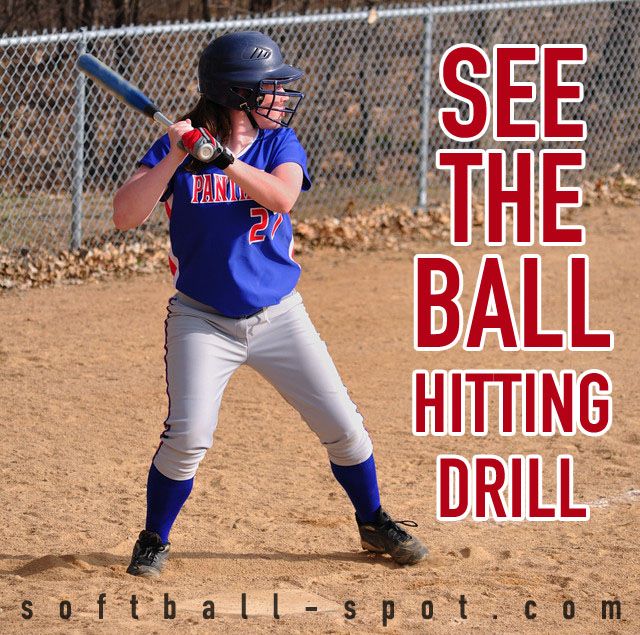 a young baseball player holding a bat on top of a field with the words see the ball hitting drill