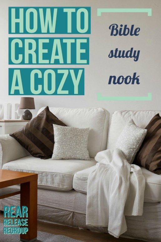 a white couch sitting in front of a wall with the words how to create a cozy bible study nook