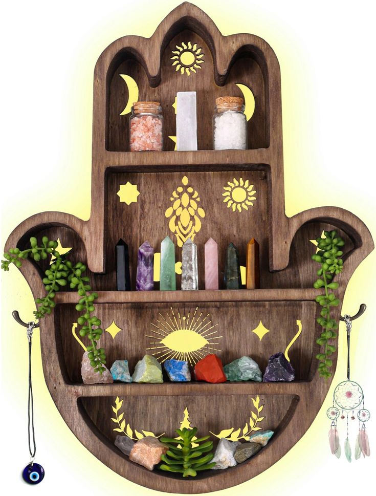 a wooden shelf filled with lots of different types of items on it's sides