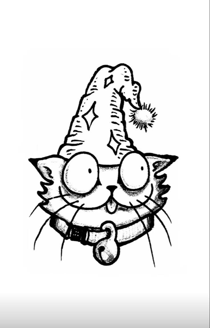 a black and white drawing of a cat wearing a hat