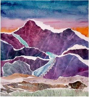 a watercolor painting of mountains in the distance