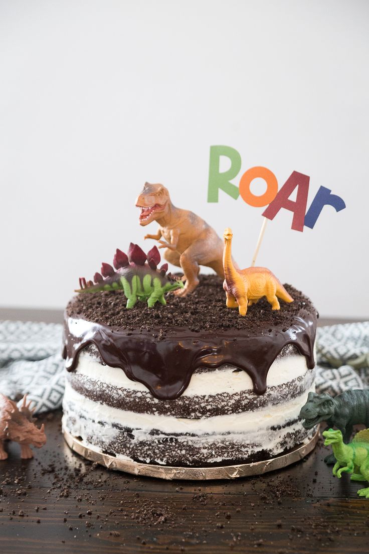 a dinosaur cake with chocolate frosting and sprinkles on top is shown