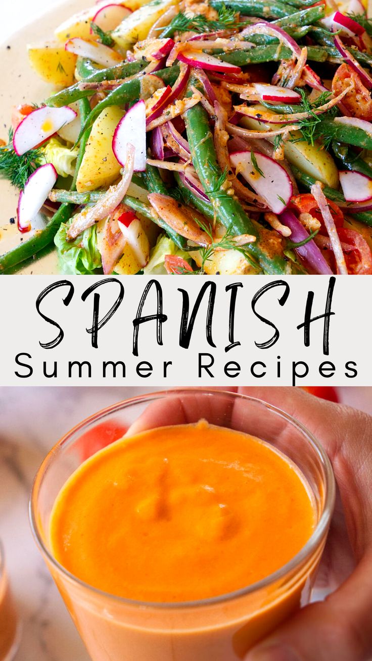 A healthy no mayonnaise salad at the top and a cup of salmorejo at the bottom Healthy Spanish Dinner Recipes, Spanish Menu Ideas, Spanish Lunch Ideas, Spanish Cooking Recipes, Spanish Salads Traditional, Spanish Vegetables Side, Spanish Dishes Recipes, Spanish Dinner Recipes, Spanish Recipes Authentic