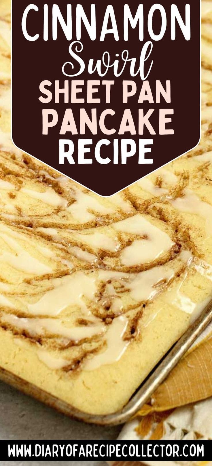 cinnamon swirl sheet pan pancake recipe with text overlay