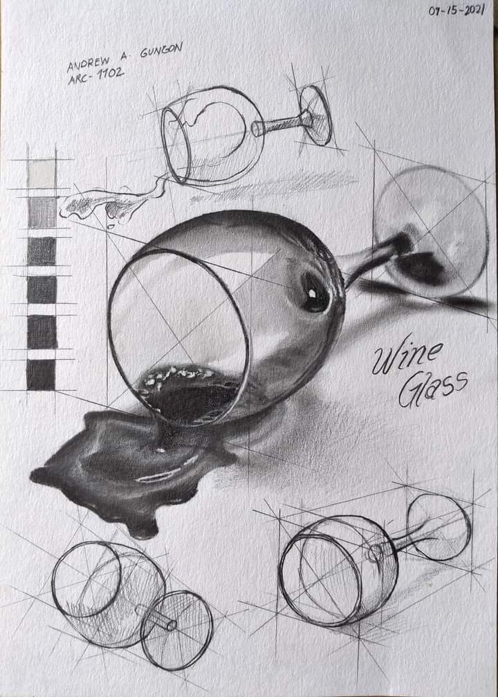 a pencil drawing of wine glasses on paper