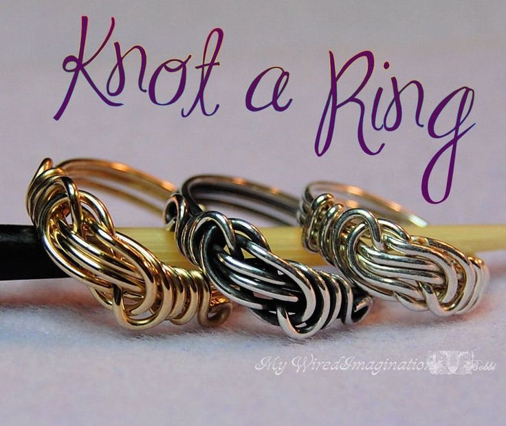 three different colored rings sitting next to each other on top of a white surface with the words knot a ring written below it