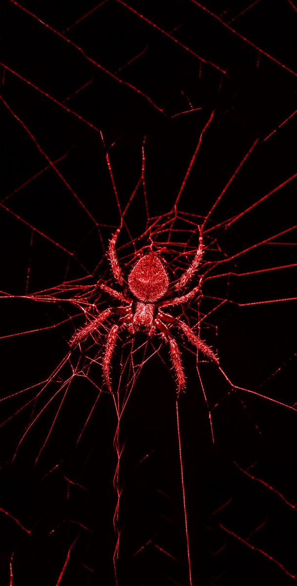 a red spider sitting in the middle of its web