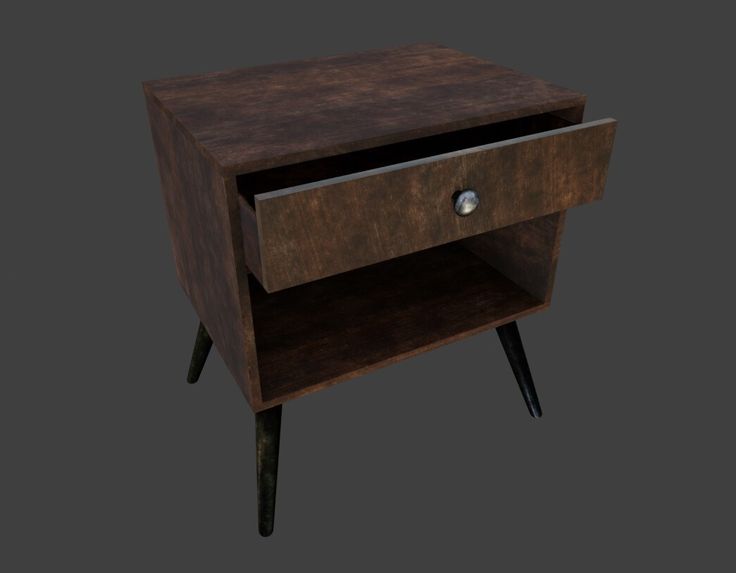 a small wooden table with black legs and a drawer on one side that has an eyeball in the middle