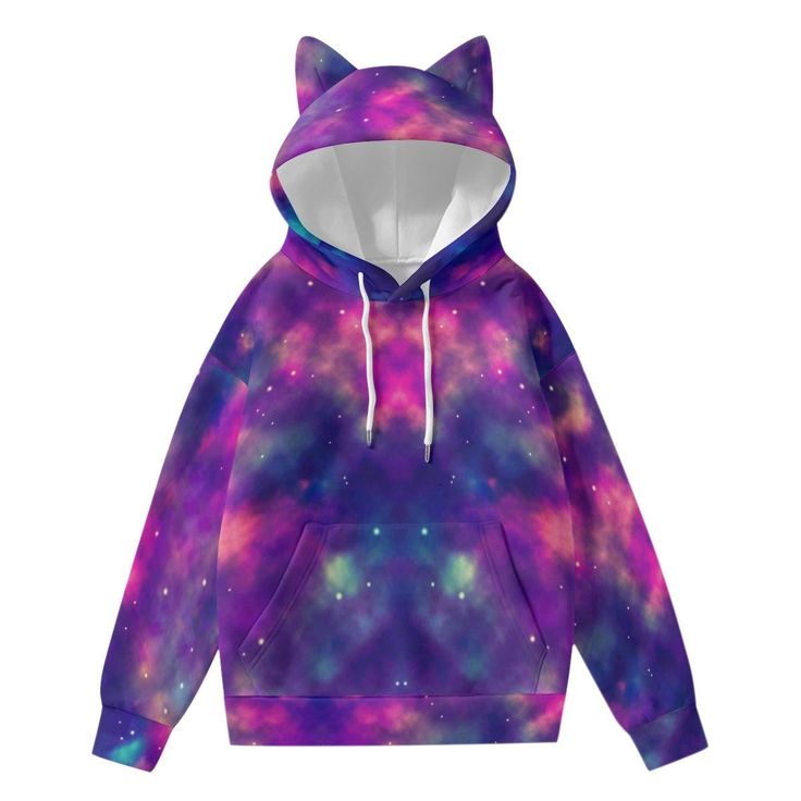 "Not much beats a cool hoodie with cat ears. This one has a beautiful purple galaxy print. The ears are not able to stand, but are shown for illustrative purposes only. Scuba fabric is a double knit fabric that is commonly used for sportswear, dancewear and formalwear and has heat retension properties making it ideal for winter. Don't forget to check out the other cat ear hoodies by visiting the shop home link at the bottomg of the description and typing \"ear\" into the shop search bar. ● Fabri Trendy Purple Winter Hoodie, Trendy Purple Hooded Sweatshirt, Trendy Hooded Purple Sweatshirt, Trendy Purple Winter Sweatshirt, Trendy Purple Sweatshirt For Winter, Trendy Winter Cat Print Sweatshirt, Trendy Winter Sweatshirt With Cat Print, Trendy Cat Print Hooded Hoodie, Trendy Hooded Hoodie With Cat Print