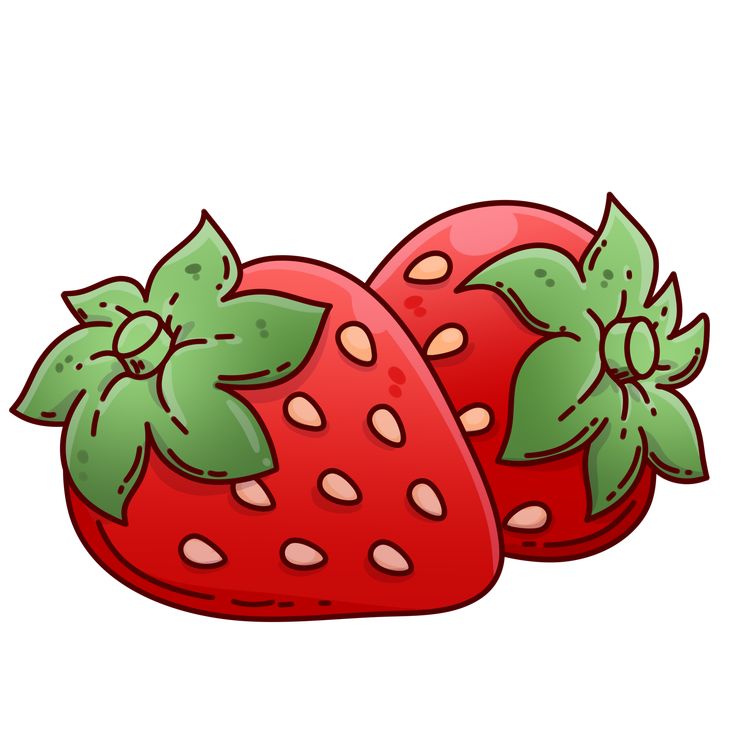 two strawberries with green leaves on them