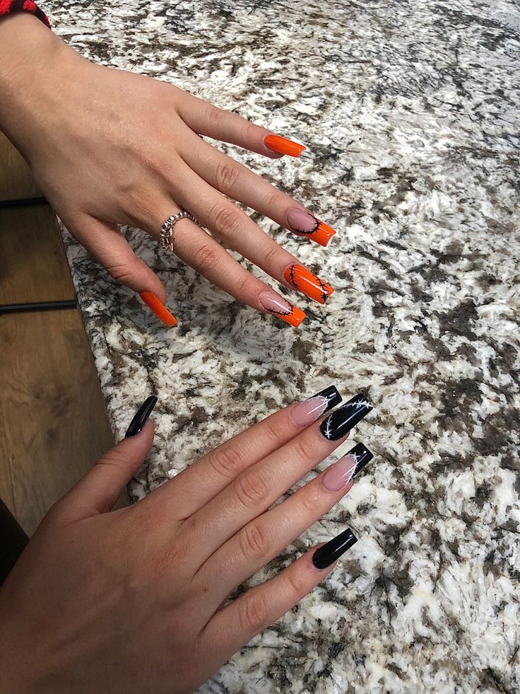 2022 black and orange stitch design halloween acrylic nails Stitches Nails Halloween, Stitches Nails, Orange And Black Halloween Nails, Stitch Nails, Orange Tips, Black Halloween Nails, Halloween Acrylic, Black Stitch, Halloween Acrylic Nails