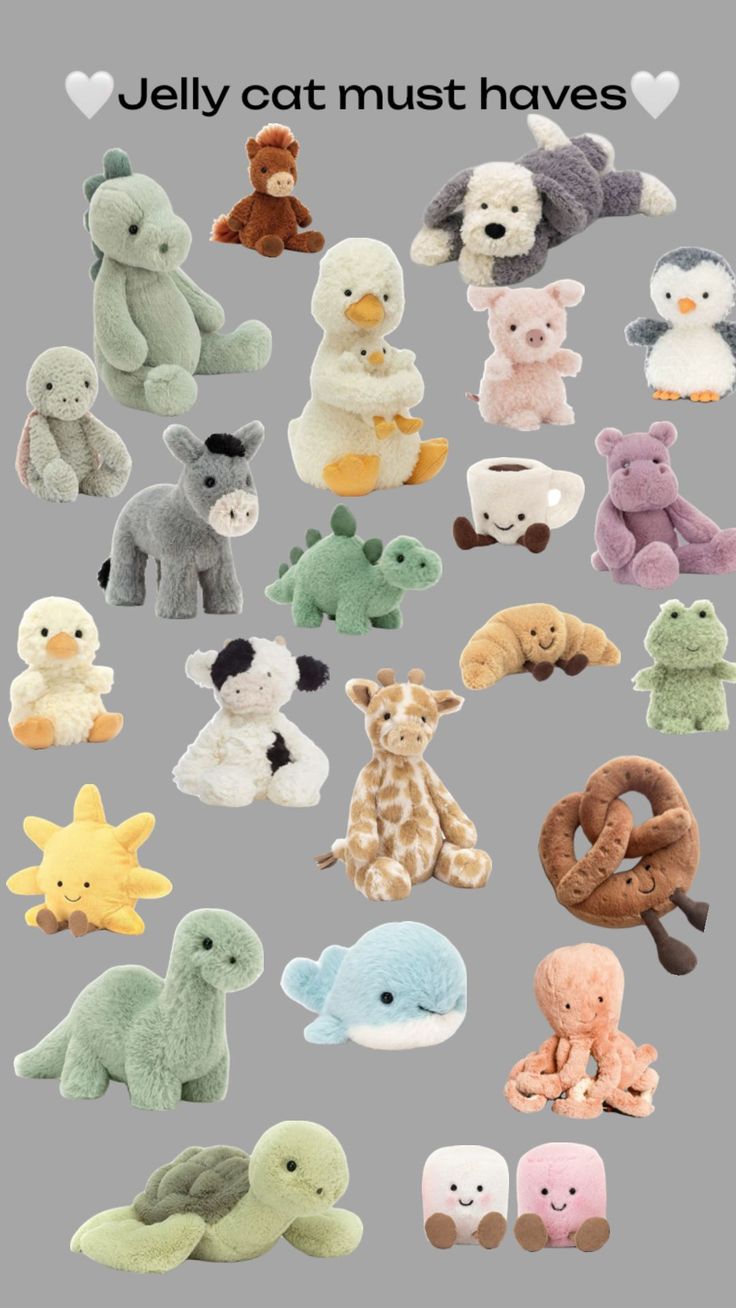 the stuffed animals are all different colors and sizes