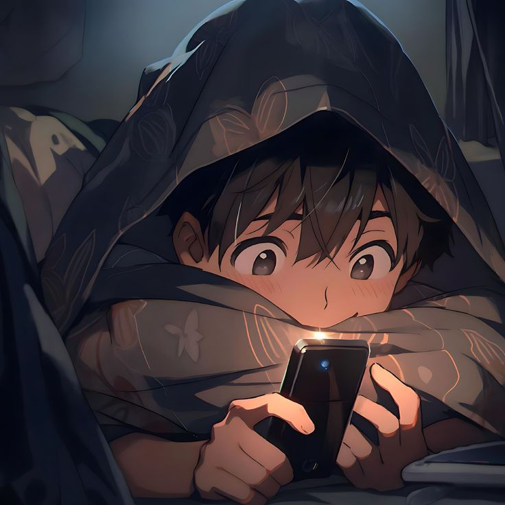 a boy in bed looking at his cell phone while hiding under the covers and covering him