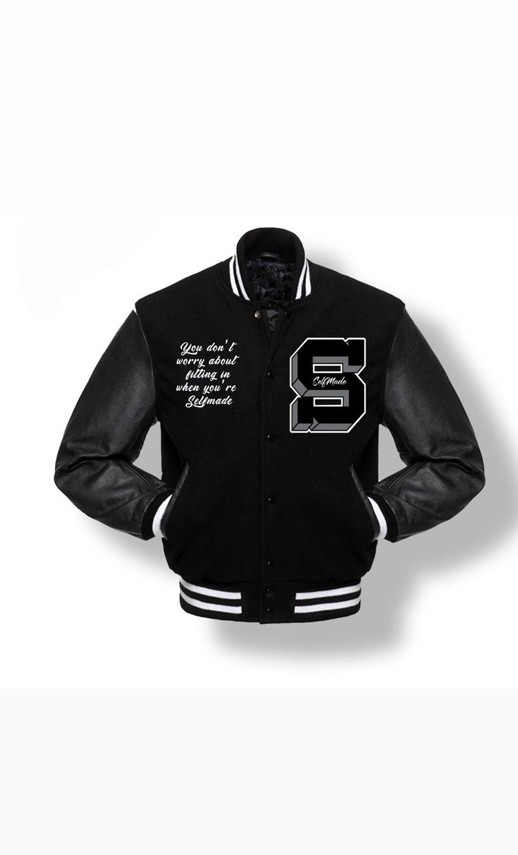 Black Varsity Jacket Wool/Vegan Leather Sleeve Varsity Jacket Design Ideas, Black Varsity Hoodie For Fans, Varsity Black Hoodie For Fans, Black Leather Sporty Varsity Jacket, Black Varsity Jacket With Contrast Sleeves, Fashion Structure, Black Varsity Leather Outerwear, Black Varsity Jacket, Leather Sleeve