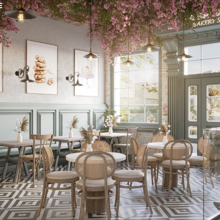 an empty restaurant with tables and chairs covered in pink flowers hanging from the ceiling above them