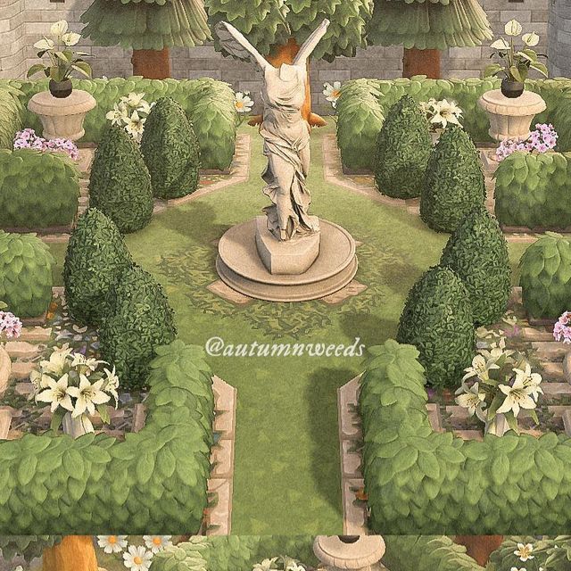 a painting of a statue in the middle of a garden