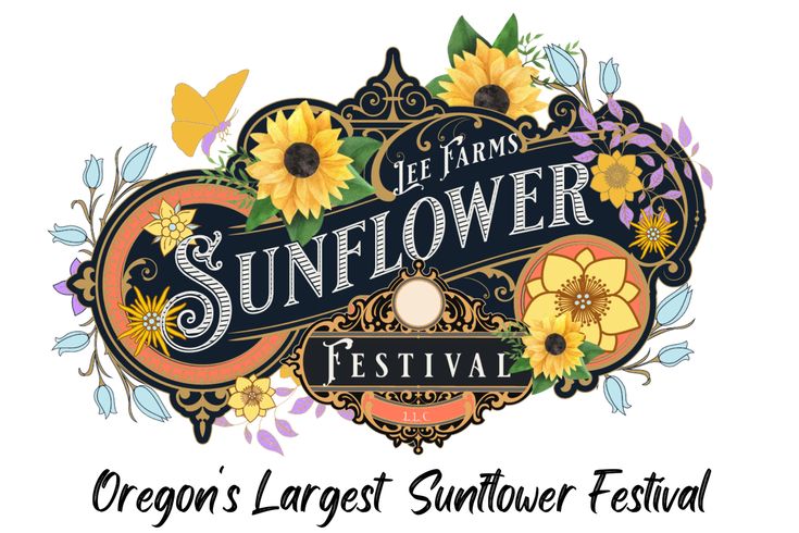 the oregon's largest sunflower festival logo is shown in black and yellow with flowers