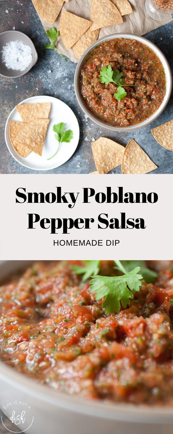 smoky poblano pepper salsa in a bowl with tortilla chips and cilantro