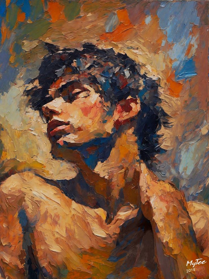 an oil painting of a man's face with his hands on his chest and neck