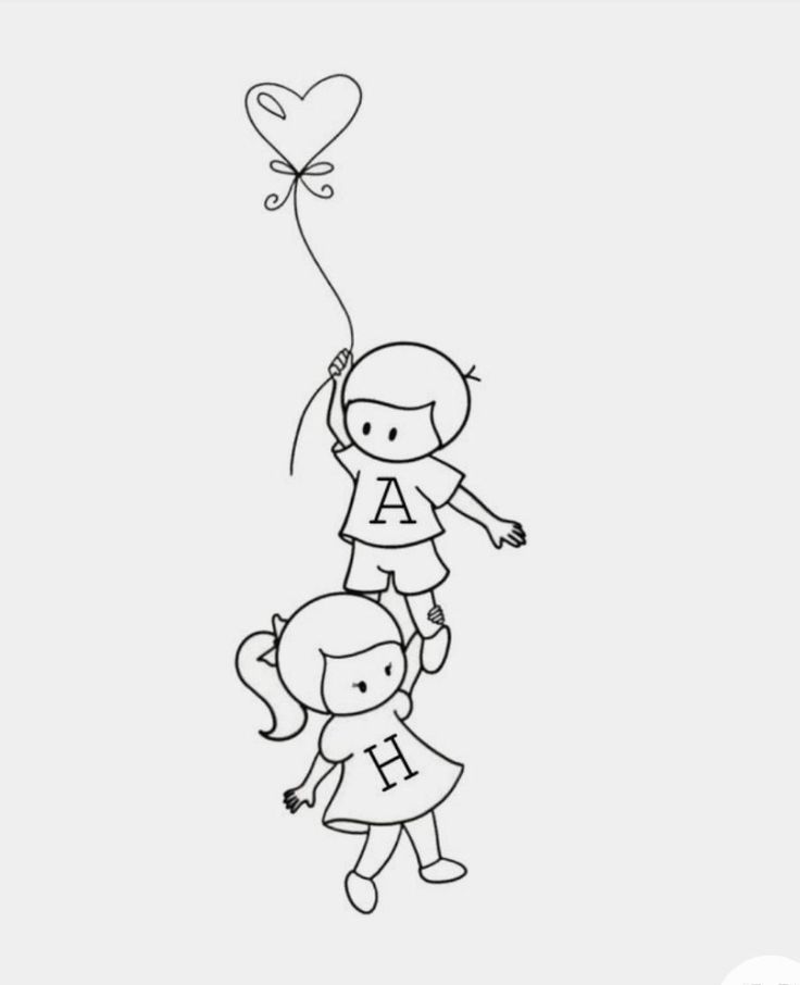 a drawing of two children flying a kite