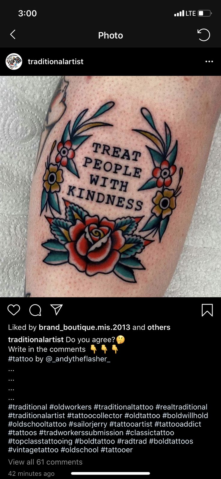 a tattoo on someone's leg that says treat people with kindness